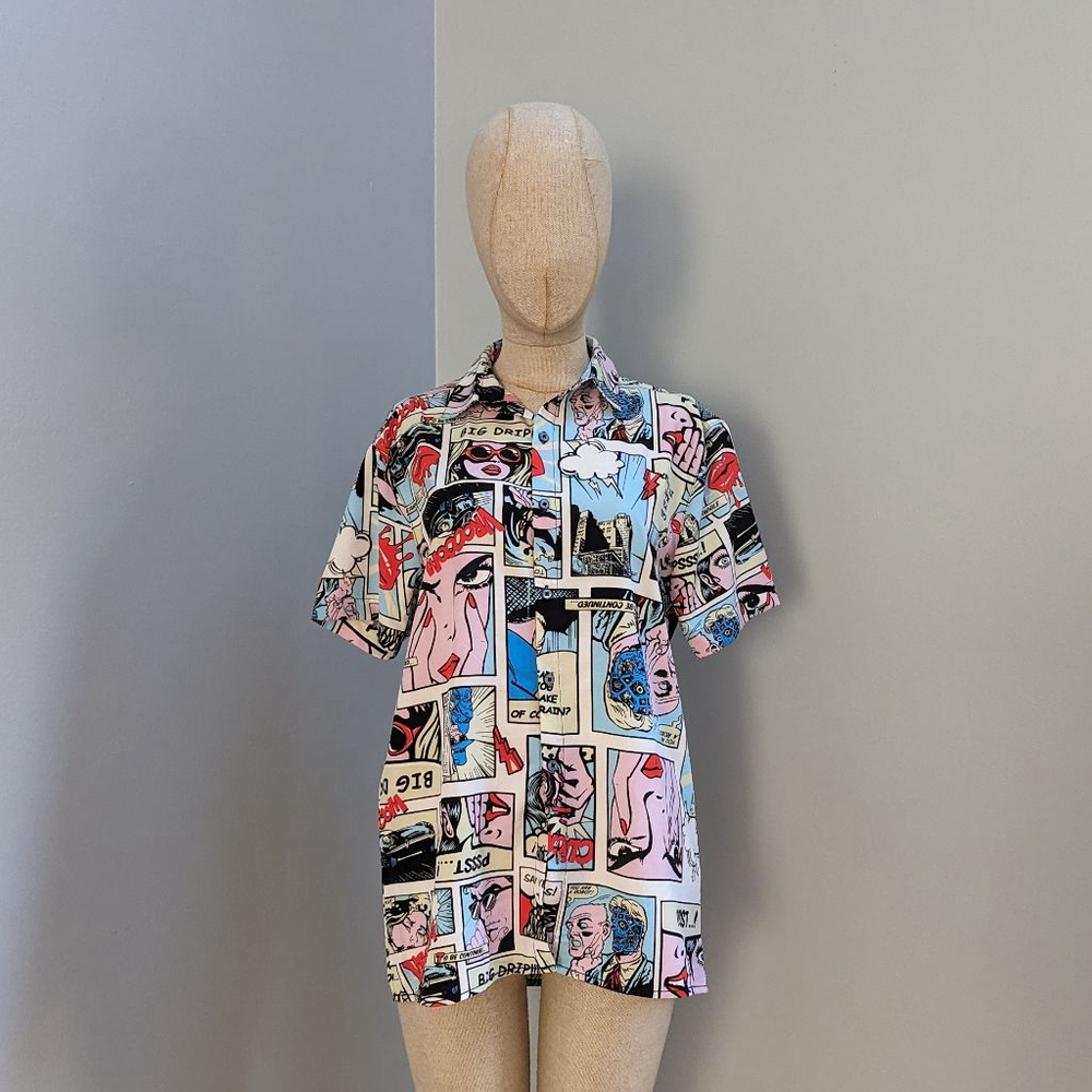 Oh Snap! Comic Book Print Shirt - White/Blue - Size S